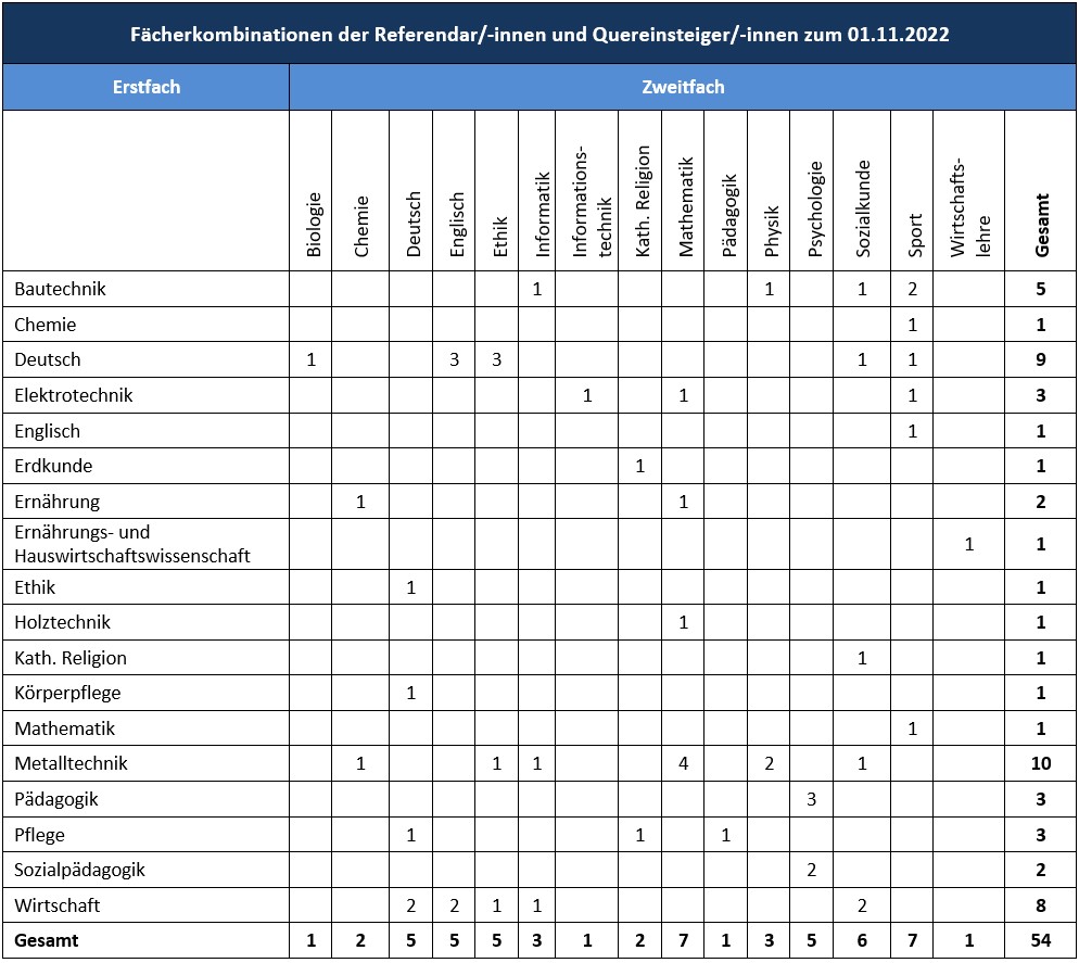 Fächerkominationen und Häufigkeit 11/22